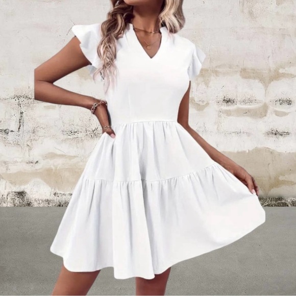 Dresses & Skirts - Ruffle Sleeves V-Neck White Dress, Size Small. NWOT
